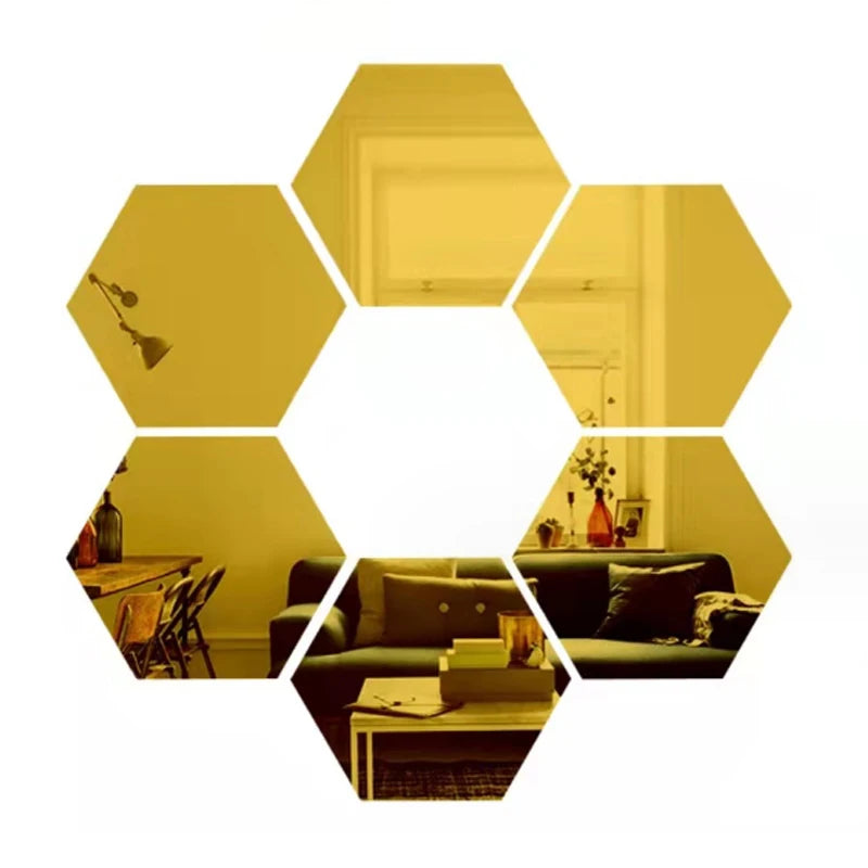 6/12pcs 3D Hexagon Mirror Wall Sticker Rose Gold DIY TV Background Living Room