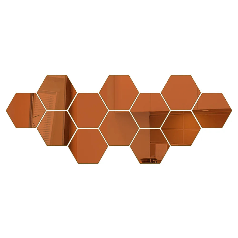 6/12pcs 3D Hexagon Mirror Wall Sticker Rose Gold DIY TV Background Living Room
