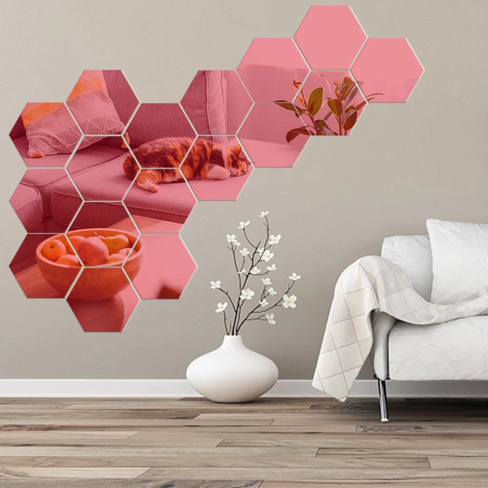 6/12pcs 3D Hexagon Mirror Wall Sticker Rose Gold DIY TV Background Living Room