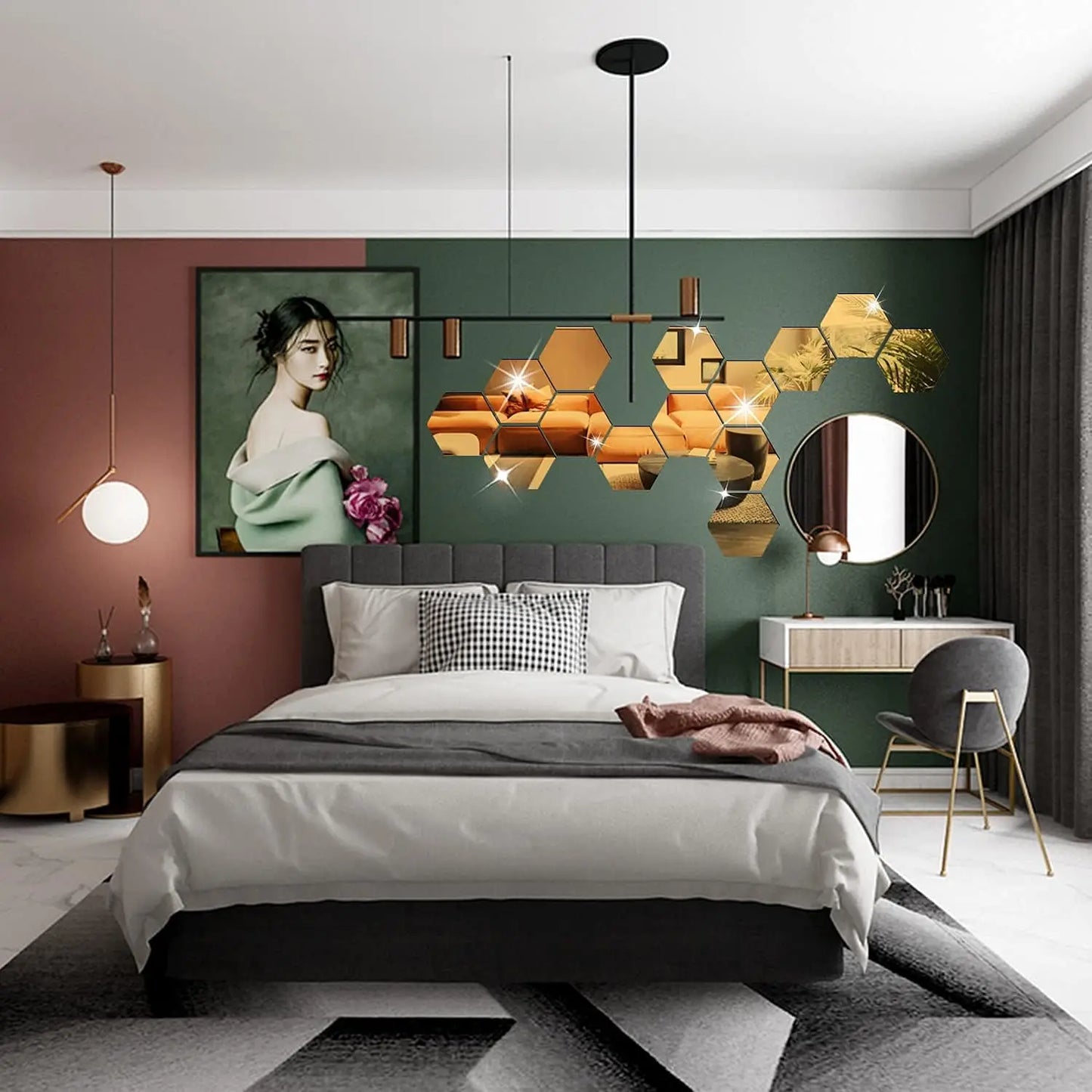 6/12pcs 3D Hexagon Mirror Wall Sticker Rose Gold DIY TV Background Living Room