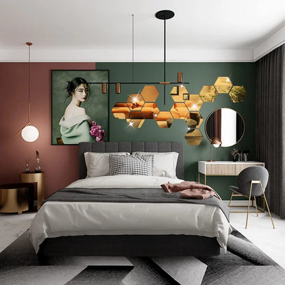 6/12pcs 3D Hexagon Mirror Wall Sticker Rose Gold DIY TV Background Living Room