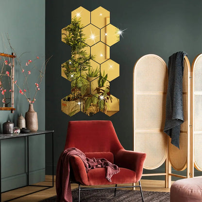 6/12pcs 3D Hexagon Mirror Wall Sticker Rose Gold DIY TV Background Living Room